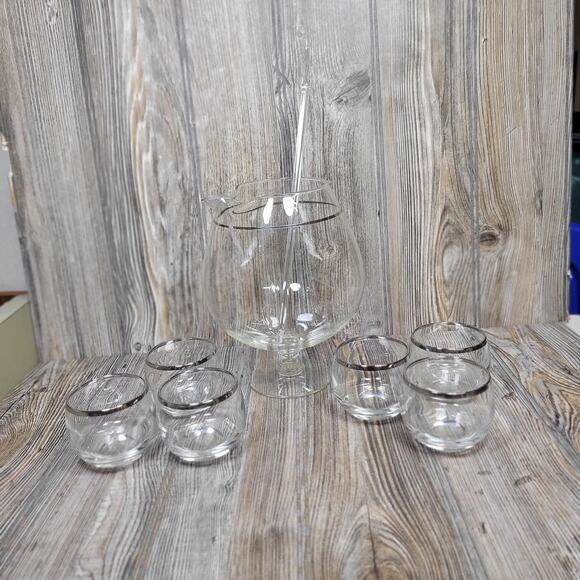 Vintage Brandy Snifter Cocktail Pitcher 6 Roly Poly Tumblers Swizzle, Silver Rim - Picture 1 of 8